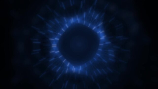 Abstract glowing blue circular portal with radiant light beams and energy streaks on a deep black background for digital creative backdrop