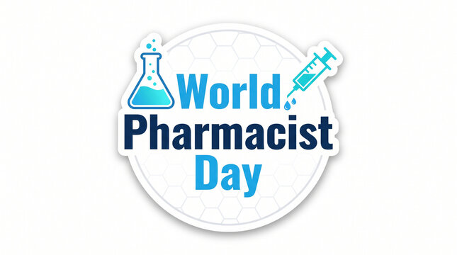 World pharmacist day logo with laboratory flask and syringe on globe background with Pharmacists Meeting Global Health Needs International Pharmaceutical Federation medical globe