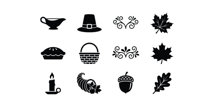 Set of black silhouette icons for thanksgiving holiday featuring traditional symbols like leaves pilgrim hat and cornucopia