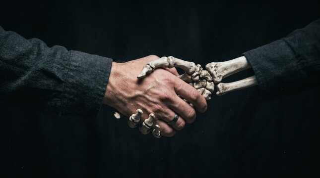 Grim Reaper shaking hands with a living person in a dark setting.