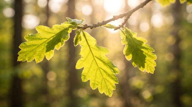 Vibrant green oak leaves on a branch glowing in the warm morning sunlight against a soft bokeh forest background for sustainability and growth concept.