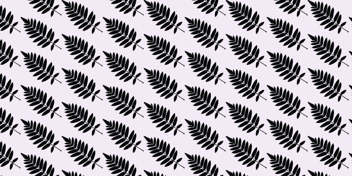 Seamless pattern with black fern leaf silhouettes arranged in diagonal rows on a soft light purple background