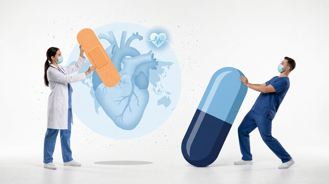 Healthcare professionals collaborating to support global medication safety and heart health on world pharmacist day with Pharmacists Meeting Global Health Needs globe heart symbol