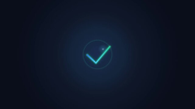 Glowing digital check mark icon animation loop representing approval, success, and completion on a dark blue background