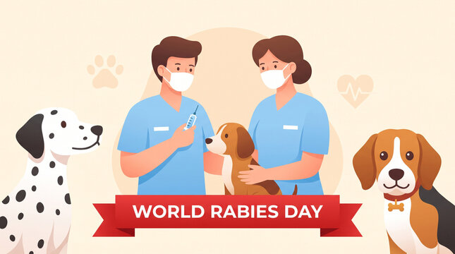 Veterinarians administering a rabies vaccine to a dog in a clinic, representing World Rabies Day, September 28, with a focus on animal health and disease prevention efforts.