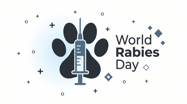 World Rabies Day graphic design featuring a paw print and a medical syringe, symbolizing the importance of pet vaccination and awareness for this global health initiative.