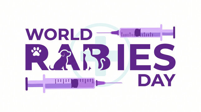 World Rabies Day typography design with integrated cat and dog silhouettes and syringe icons, emphasizing the importance of vaccination for rabies control on September 28.