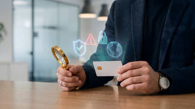 Businessman examining white credit card using magnifying glass with digital security icons and virtual lock symbols for financial fraud protection and data security concept