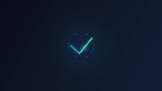 Vibrant neon glowing checkmark symbol in a circle, brilliantly highlighting successful completion, approval, and digital validation in a modern context