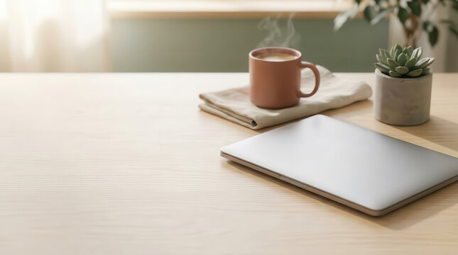 Minimalist workspace with closed laptop, coffee cup, notebooks and potted cactus on a clean wooden desk, bright home office interior symbolizing productivity, focus, simplicity, calm and lifestyle