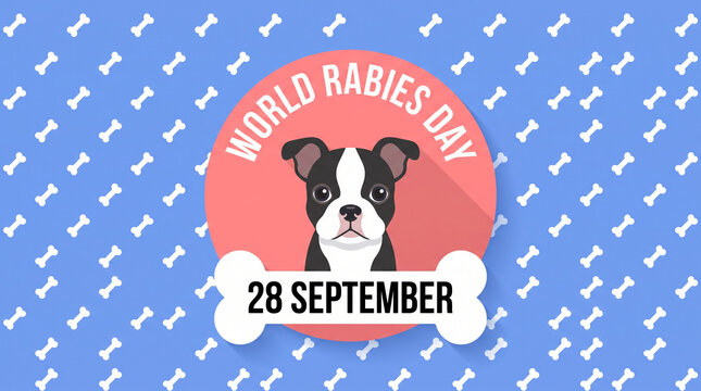 World Rabies Day illustration featuring a cute dog portrait on a bone pattern background, promoting pet health awareness and vaccination on the twenty-eighth of September.