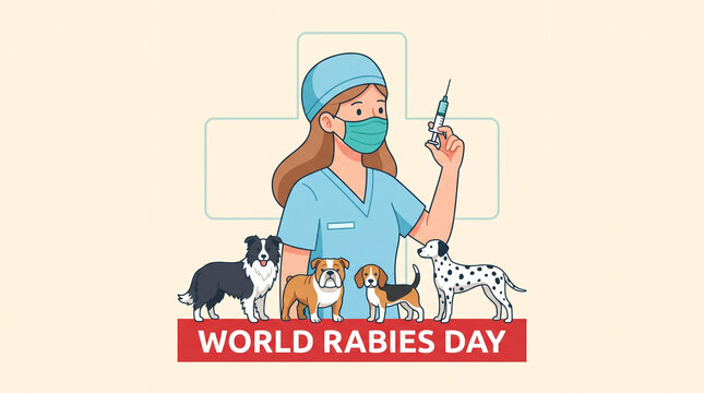 World Rabies Day illustration of a veterinarian holding a syringe with various dog breeds, emphasizing the importance of mass vaccination for rabies prevention and care.