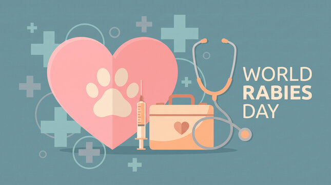 World Rabies Day medical background with a heart, paw print, stethoscope, and first aid kit, representing comprehensive veterinary health and rabies control strategies.
