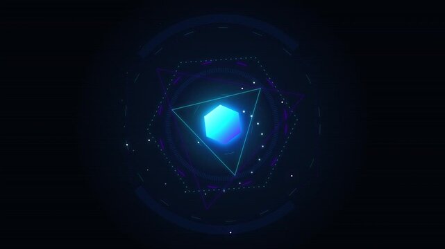 Abstract digital technology background featuring glowing blue neon geometric shapes and futuristic HUD elements