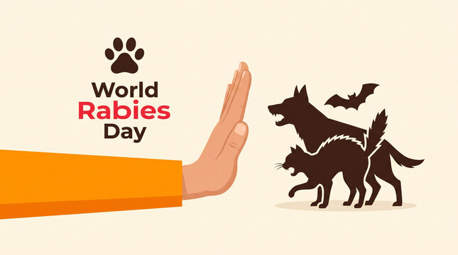 World Rabies Day graphic showing a hand gesture stopping aggressive animal silhouettes, symbolizing the fight against rabies transmission and promoting public health safety.