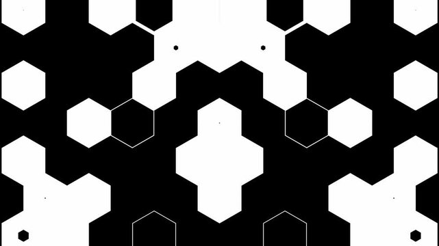Minimalist black and white hexagon luma matte transition effect. Dynamic geometric honeycomb pattern wipe reveal for video editing, technology reels, and motion design.
