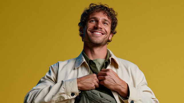 Professional campaign style photograph of a traveler adjusting a discreet fabric waist money belt under a light jacket, hand tucking it securely against the body, relaxed confident
