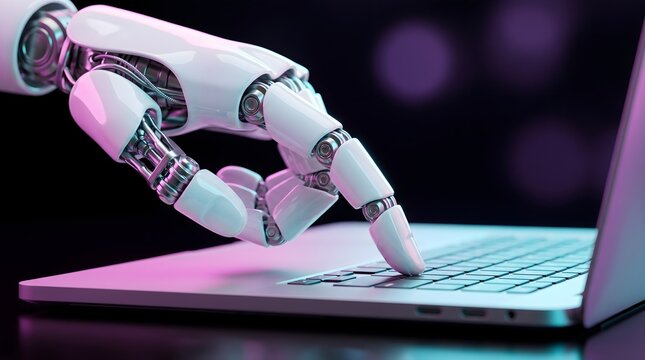 White robotic hand typing on a modern laptop keyboard with pink neon lighting on dark background for digital automation and future technology integration concept