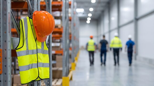 Orange hard hat and yellow reflective safety vest hanging on metal racks in a modern warehouse with workers blurred in the background for industrial safety and logistics concept.