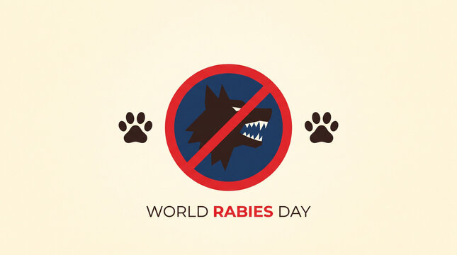 World rabies day graphic with a forbidden sign over an aggressive dog icon, symbolizing the fight against rabies through awareness, prevention, and mass dog vaccination.