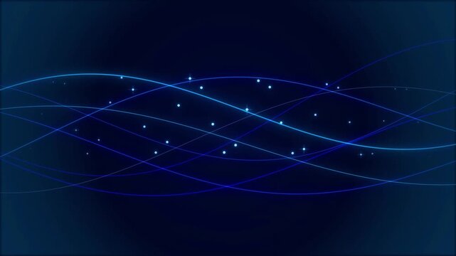 Abstract blue glowing waves with digital particles on dark background for technology and futuristic design concepts