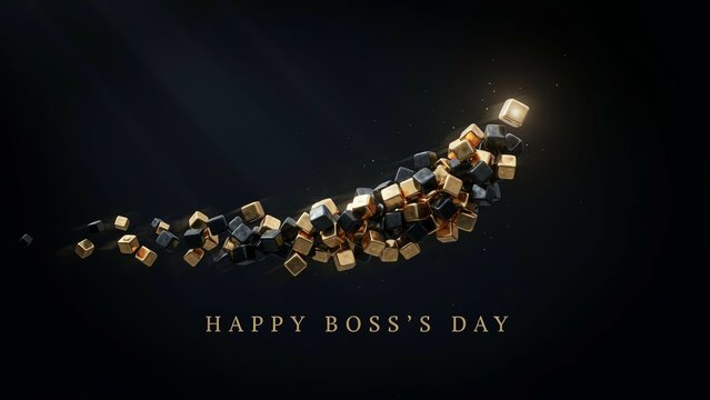 Happy Boss's Day elegant greeting, luxury gold and black floating cubes, professional corporate celebration banner with text