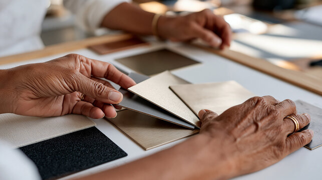 The hands of one materials architect fan out three metal finish swatches across a light table, fingertips holding the panels apart at slightly staggered angles for comparison. Only