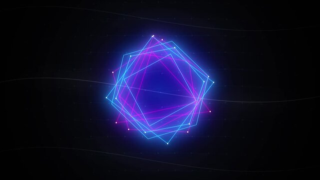 Abstract Geometric Shape with Neon Blue and Purple Lights on a Dark Background
