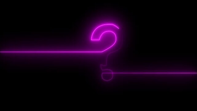 Neon purple question mark glowing sign animation on black background, for faq and, problem solving concepts