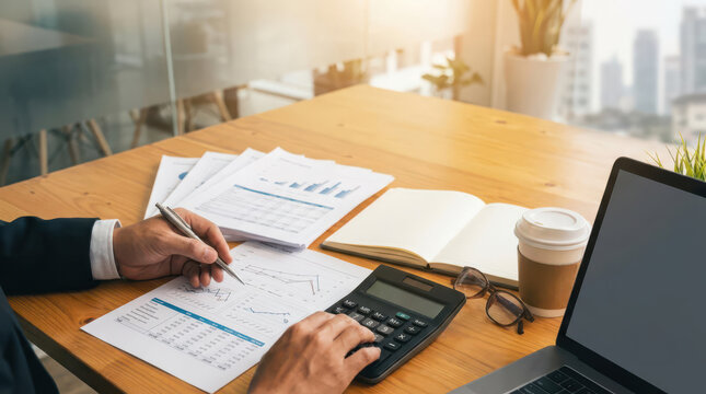 Business financial planning workspace with hands reviewing charts and using calculator beside laptop, coffee and documents on wooden desk, modern office scene symbolizing budgeting, analysis andgrowth