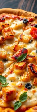 Freshly baked Hawaiian-style pizza with grilled chicken, caramelized pineapple, and gooey melted mozzarella cheese, || hawaiian, fresh