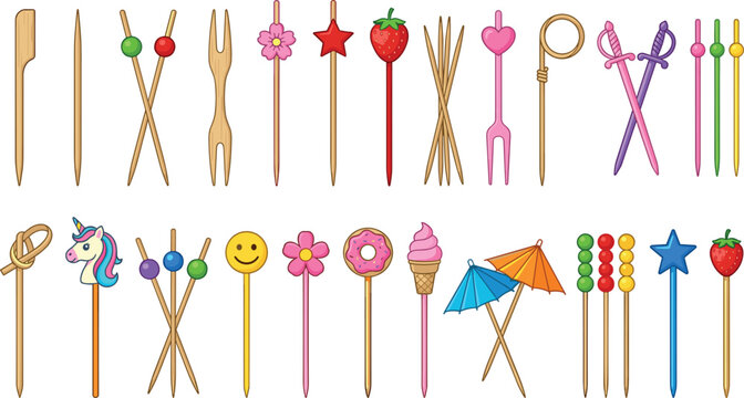 Decorative Party Skewers and Bamboo Toothpicks Vector Collection with Colorful Cocktail Picks Appetizer Forks and Fruit Sticks for Catering Menus and Celebration Layouts