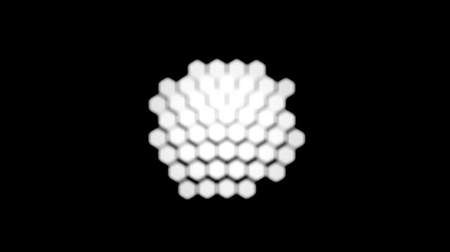 Abstract Digital Geometric Transition Pattern Featuring Glowing White Hexagonal Shapes Arranged in a Concentric Hive Structure on a Solid Black Background