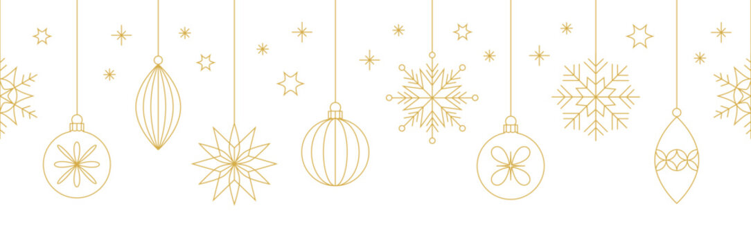 Vector christmas decorative seamless pattern with gold line art ornaments on white background