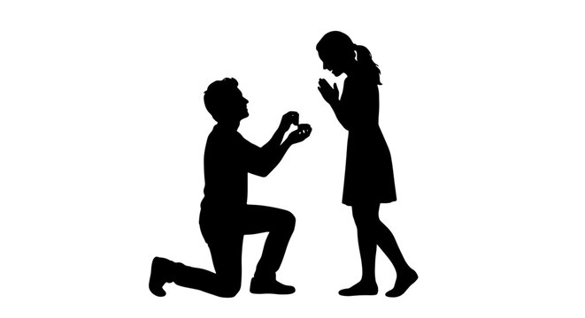 Romantic Silhouette Proposal, Engagement Ring Offer, Couple's Love Moment, Marriage Commitment Vector Art