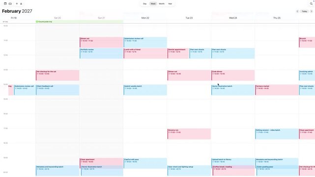 Weekly calendar interface scrolling through daily work tasks and leisure schedule. Personal timetable screen showcasing balanced routine management for business. Digital event planner grid