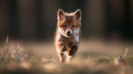 Fototapeta premium Red Fox Kit Vulpes vulpes Run Fast Outdoors in Nature Wildlife Portrait