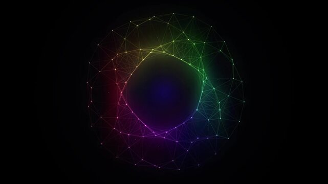 Abstract Digital Network Sphere with Glowing Colorful Connection Lines on Black Background