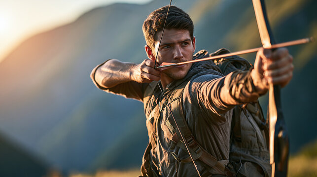 Focused young man aim bow and arrow during outdoor mountain adventure wild