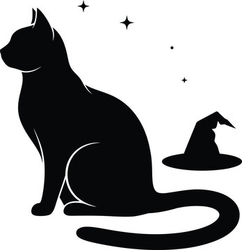 Black cat silhouette sitting next to a witch hat with stars on a white background for halloween