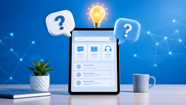 Online Learning FAQ And Knowledge Base Concept With Tablet And Light Bulb