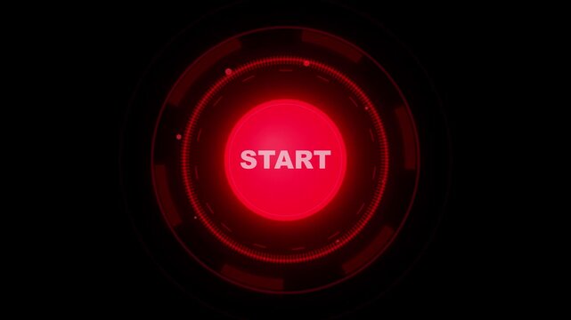 Glowing red futuristic start button on a dark background for launching technology projects and systems