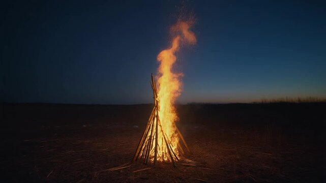 Tall Bamboo and Straw Bonfire Burning in an Empty Field at Dusk with Rising Flames and Sparks