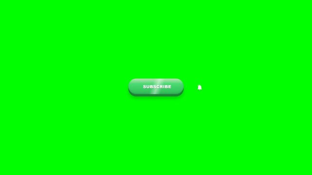 Premium 3D glossy subscribe button animation featuring realistic depth, reflection sweep, subscribed transformation into a vibrant green state, notification bell ringing and greenscreen background for
