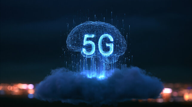 Abstract digital brain with 5g network technology over dark background