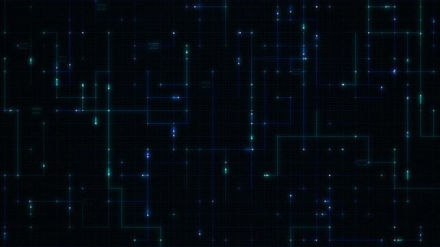 Abstract digital grid with glowing blue and green lines on a dark background, representing data flow and connectivity in a futuristic network