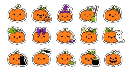 Fototapeta premium Hand-drawn Halloween pumpkin jack-o-lantern faces set with playful expressions and festive accessories