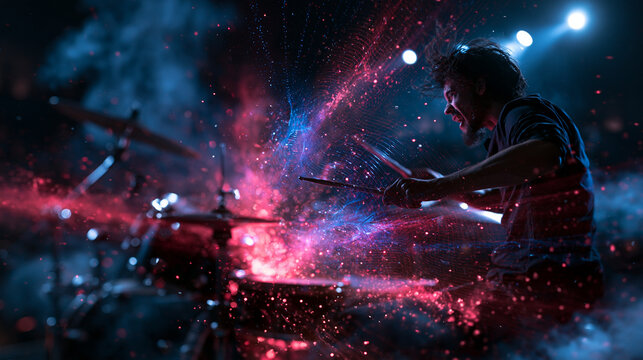 Drummer Playing Drums with Energetic Light Particles Effect