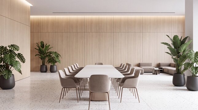 Modern Conference Room with Large Table and Wooden Wall