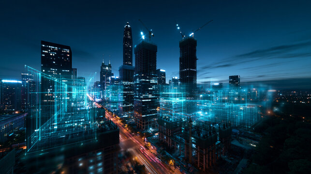 Smart City Digital Twin Architecture and Urban Skyline at Night